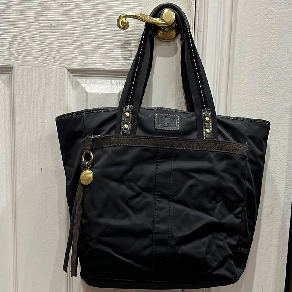 Vintage Coach Hamptons Black Nylon Satin Satchel Leather Handled Tote Purse